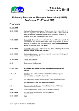 University Biosciences Managers Association (UBMA) Conference 5Th - 7Th April 2017