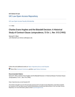 Charles Evans Hughes and the Blaisdell Decision: a Historical Study of Contract Clause Jurisprudence, 72 Or