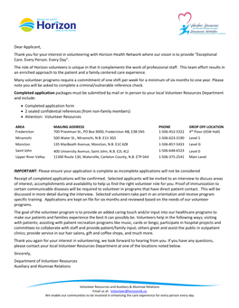 Dear Applicant, Thank You for Your Interest in Volunteering with Horizon Health Network Where Our Vision Is to Provide “Exceptional Care