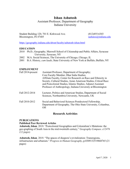 Ishan Ashutosh Assistant Professor, Department of Geography Indiana University