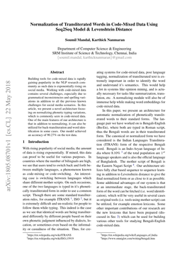 Arxiv:1805.08701V1 [Cs.CL] 22 May 2018 Cally Transliterated Form in Order to Use a Common Form of the Word Can Be Fetched (I.E