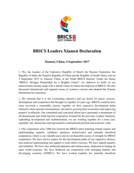 BRICS Leaders Xiamen Declaration