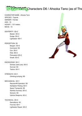 Rpggamer.Org (Characters D6 / Ahsoka Tano (As of the Clone Wars)) Printer Friendly