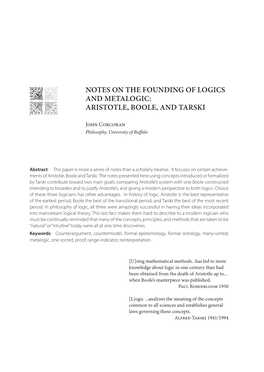 Notes on the Founding of Logics and Metalogic: Aristotle, Boole, and Tarski