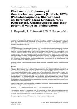 First Record of Phoresy of Dendrochernes Cyrneus (L. Koch, 1873) (Pseudoscorpiones, Chernetidae) on Cerambyx Cerdo Linnaeus