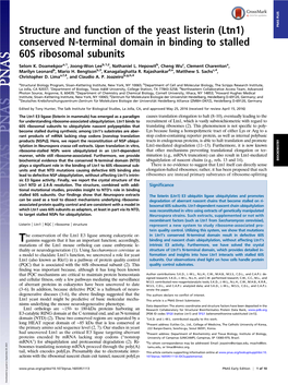 Structure and Function of the Yeast Listerin (Ltn1) PNAS PLUS Conserved N-Terminal Domain in Binding to Stalled 60S Ribosomal Subunits