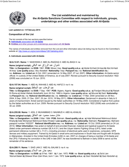 Al-Qaida Sanctions List Last Updated on 14 February 2014