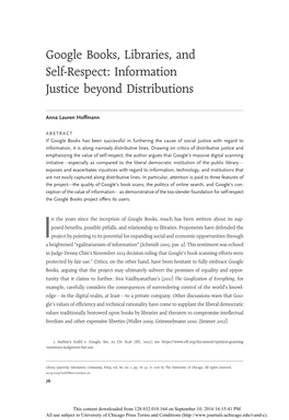 Google Books, Libraries, and Self-Respect: Information Justice Beyond Distributions