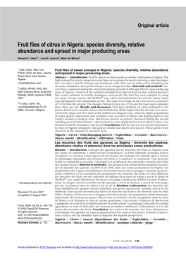 Fruit Flies of Sweet Oranges in Nigeria: Species Diversity, Relative Abundance P.M.B