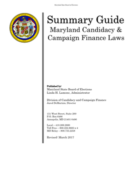 Summary Guide, Maryland Candidacy & Campaign Finance