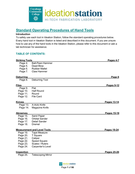 Standard Operating Procedures of Hand Tools Introduction to Safely Use Each Tool in Ideation Station, Follow the Standard Operating Procedures Below