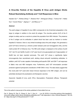 A Virus-Like Particle of the Hepatitis B Virus Pres Antigen Elicits Robust Neutralizing Antibodies and T Cell Responses in Mice