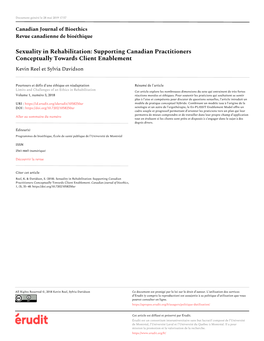 Sexuality in Rehabilitation: Supporting Canadian Practitioners Conceptually Towards Client Enablement Kevin Reel Et Sylvia Davidson