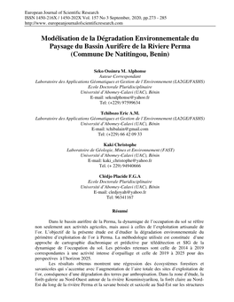 Modélisation De La Dégradation Environnementale Du Paysage Du Bassin Aurifère De La Riviere Perma (Commune De Natitingou, Benin)