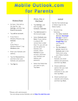 Mobile Outlook.Com for Parents