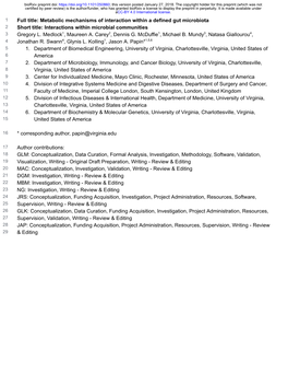 Metabolic Mechanisms of Interaction Within a Defined Gut Microbiota 2 Short Title: Interactions Within Microbial Communities 3 Gregory L