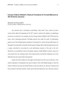 MICHAEL PURVES: George Frideric Händel's Musical Treatment Of