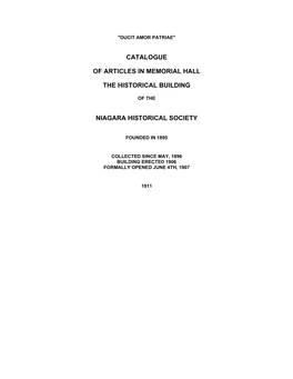 Catalogue of Articles in Memorial Hall the Historical Building