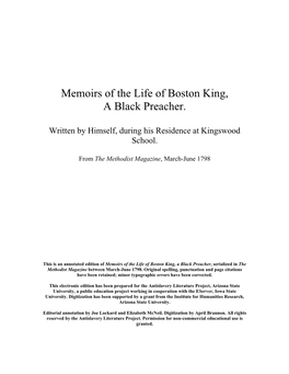 Memoirs of the Life of Boston King, a Black Preacher