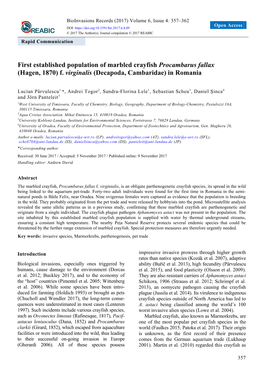 First Established Population of Marbled Crayfish Procambarus Fallax (Hagen, 1870) F