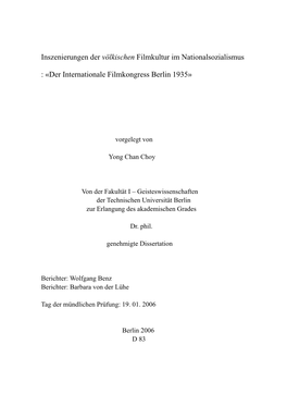 Inszenierungen Der Völkischen Filmkultur Im Nationalsozialismus : «Der Internationale Filmkongress Berlin 1935»