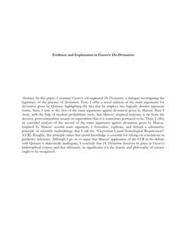 Evidence and Explanation in Cicero's on Divination Abstract: in This Paper, I Examine Cicero's Oft-Neglected De Divinatione