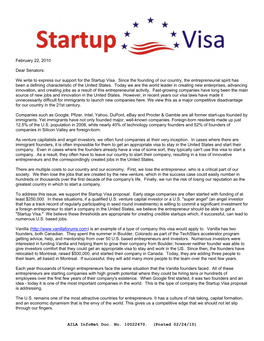 We Write to Express Our Support for the Startup Visa. Since the Founding Of