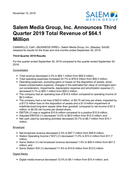 Salem Media Group, Inc. Announces Third Quarter 2019 Total Revenue of $64.1 Million