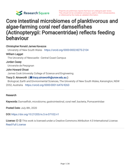 Core Intestinal Microbiomes of Planktivorous and Algae-Farming Coral Reef Damselfshes (Actinopterygii: Pomacentridae) Refects Feeding Behaviour