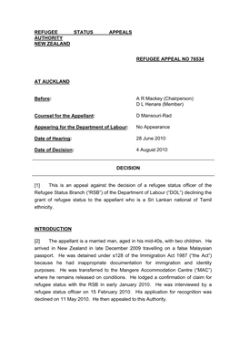 Refugee Status Appeals Authority New Zealand