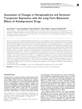 Association of Changes in Norepinephrine and Serotonin Transporter Expression with the Long-Term Behavioral Effects of Antidepressant Drugs