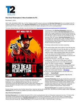 Red Dead Redemption 2 Now Available for PC