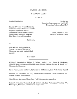 1 State of Minnesota in Supreme Court A12-0920
