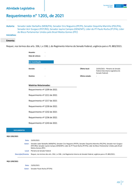 Requerimento N° 1205, De 2021