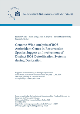 Genome-Wide Analysis of ROS Antioxidant Genes in Resurrection Species Suggest an Involvement of Distinct ROS Detoxification Systems During Desiccation