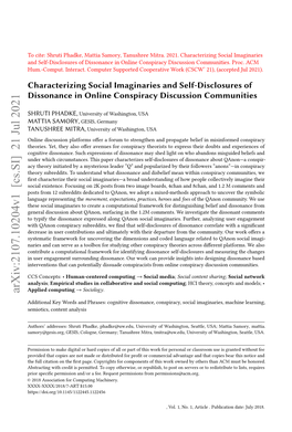 Characterizing Social Imaginaries and Self-Disclosures of Dissonance in Online Conspiracy Discussion Communities