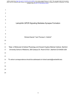 Latrophilin GPCR Signaling Mediates Synapse Formation