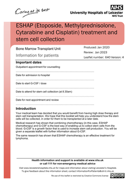 ESHAP (Etoposide, Methylprednisolone, Cytarabine and Cisplatin) Treatment and Stem Cell Collection