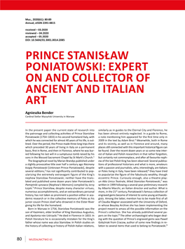 PRINCE STANISŁAW PONIATOWSKI: EXPERT on and COLLECTOR of ANCIENT and ITALIAN ART Agnieszka Bender Cardinal Stefan Wyszyński University in Warsaw