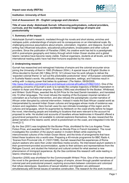 Impact Case Study (Ref3b) Page 1 Institution: University of Kent Unit Of