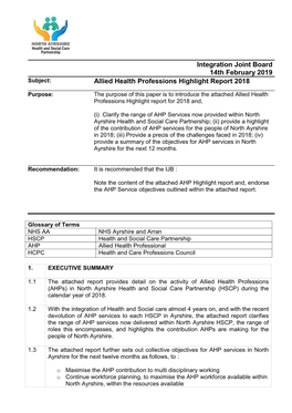 Integration Joint Board 14Th February 2019 Allied Health Professions Highlight Report 2018