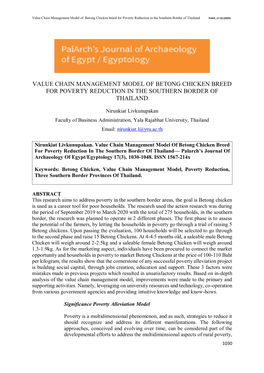 Value Chain Management Model of Betong Chicken Breed for Poverty Reduction in the Southern Border of Thailand PJAEE, 17 (3) (2020)