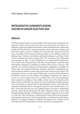 METACOGNITIVE JUDGMENTS DURING SOLVING of WASON SELECTION TASK Abstract