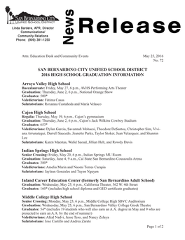 San Bernardino City Unified School District 2016 High School Graduation Information