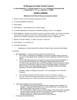 St Mawgan-In-Pydar Parish Council the Annual Meeting of the Parish Council Will Be Held in St Mawgan Community Hall on Wednesday the 11 Th Day of May 2011 at 7.30Pm