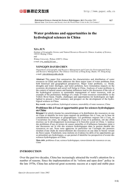 Water Problems and Opportunities in the Hydrological Sciences in China