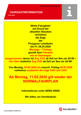 Ab Montag, 11.05.2020 Gilt Wieder Der NORMALFAHRPLAN