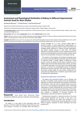 Anatomical and Physiological Similarities of Kidney in Different Experimental Animals Used for Basic Studies Harikesh Maurya*1, Tirath Kumar1 and Sunil Kumar2