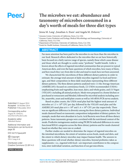 The Microbes We Eat: Abundance and Taxonomy of Microbes Consumed in a Day’S Worth of Meals for Three Diet Types