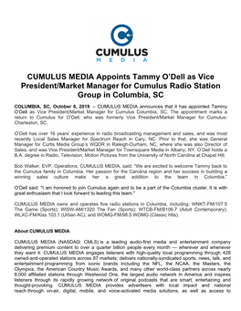 CUMULUS MEDIA Appoints Tammy O'dell As Vice President/Market